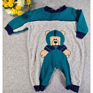 Vintage Fisher Price Baby Boy Football Bear Romper Gray Teal 18 Months 151065